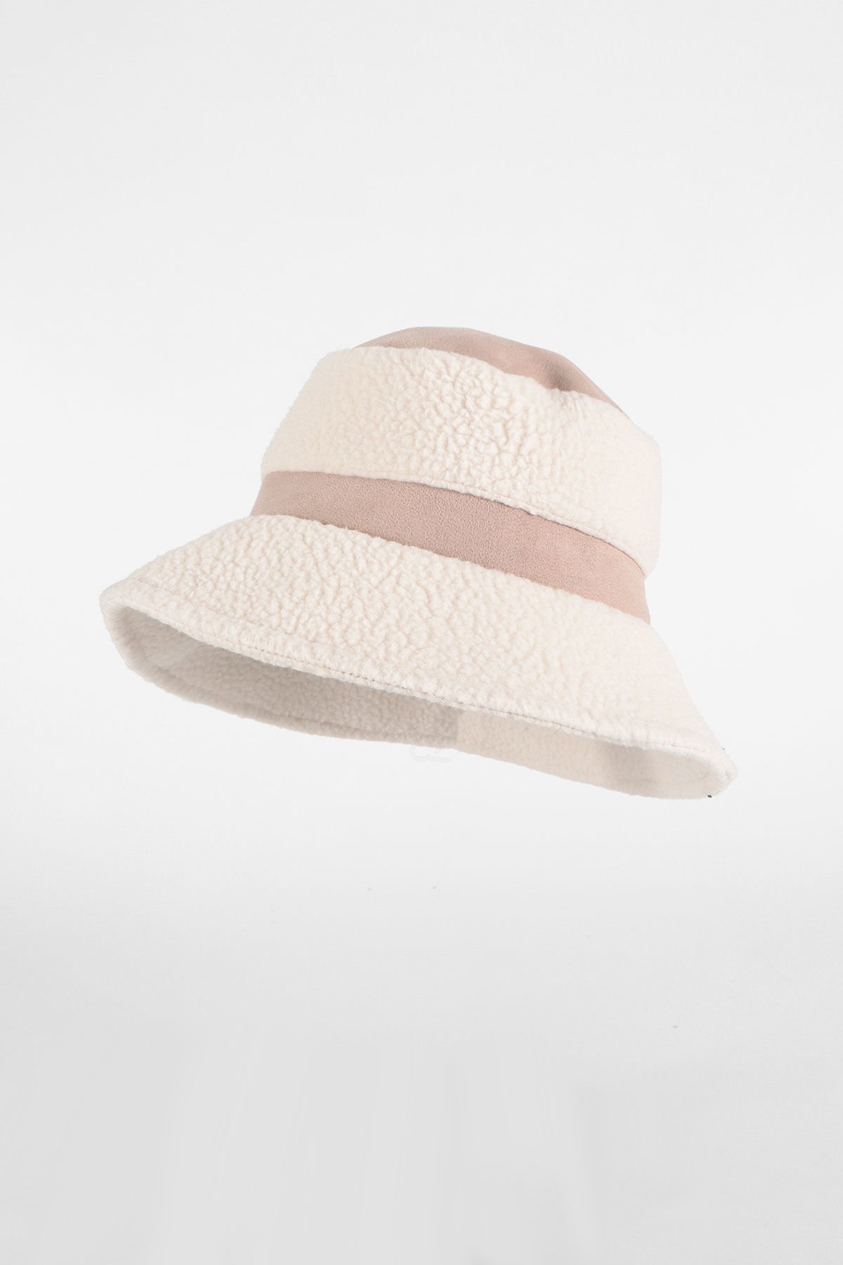Peluş Detaylı Bucket Yuvarlak Şapka - Bej Ekru