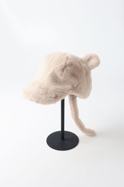 Peluş Kürk Kulaklı Kuyruklu Şapka - Bej