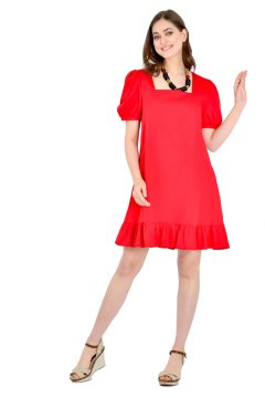 Etnik Kare Yaka Yarım Kol Elbise - Kırmızı