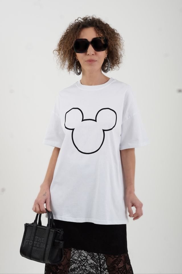 Mickey O Yaka Baskılı Oversize Tshirt