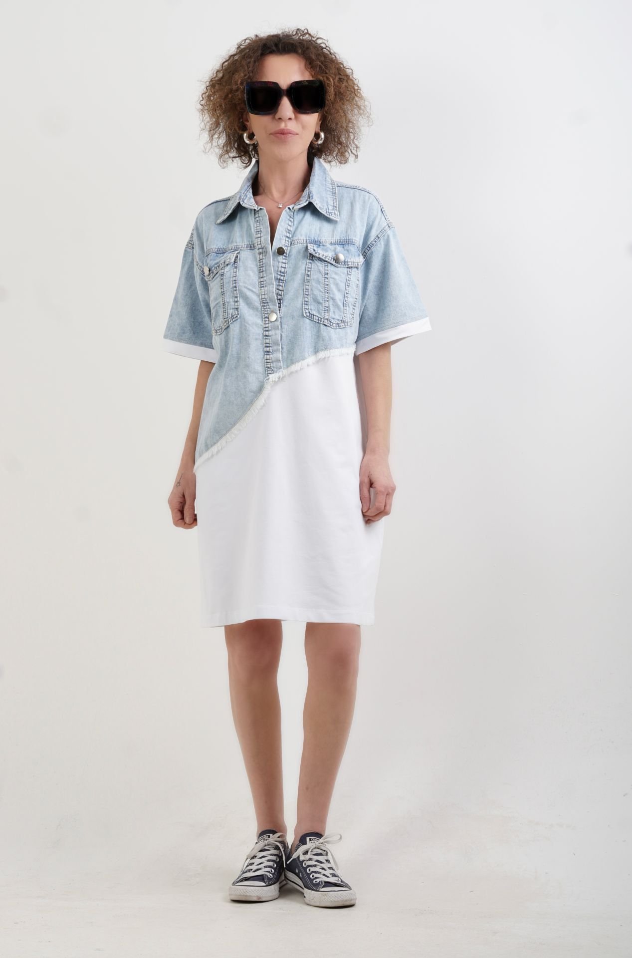 Beyaz Asimetrik Denim İki İplik Mix Elbise