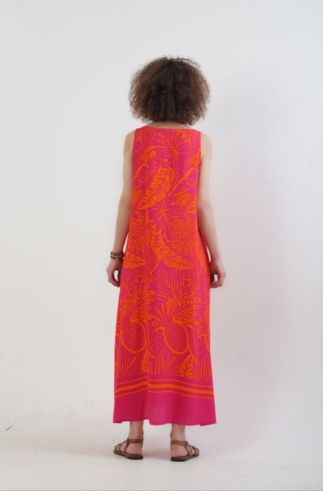 Fuşya Oranj Palmiye Desen Elbise