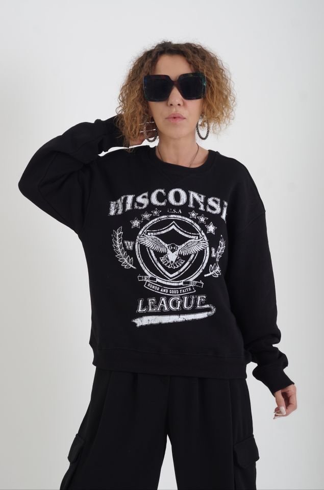 Siyah Wisconsin Baskılı Bisiklet Yaka Sweatshirt