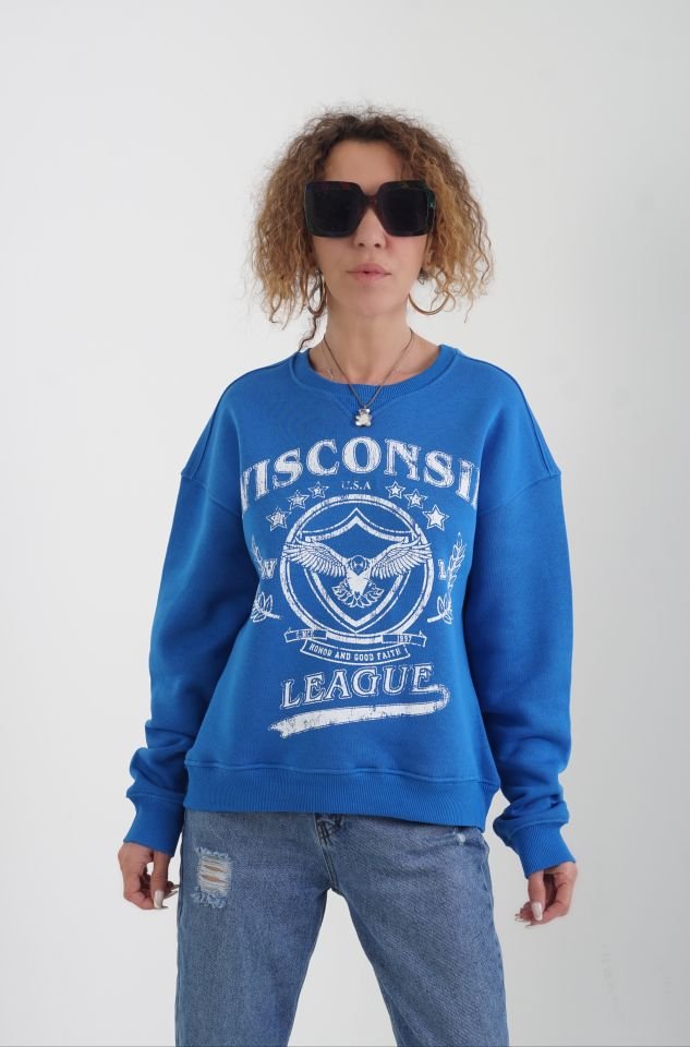 Saks Wisconsin Baskılı Bisiklet Yaka Sweatshirt