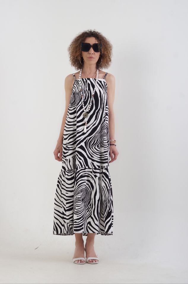 Siyah Zebra Desen Askılı Elbise