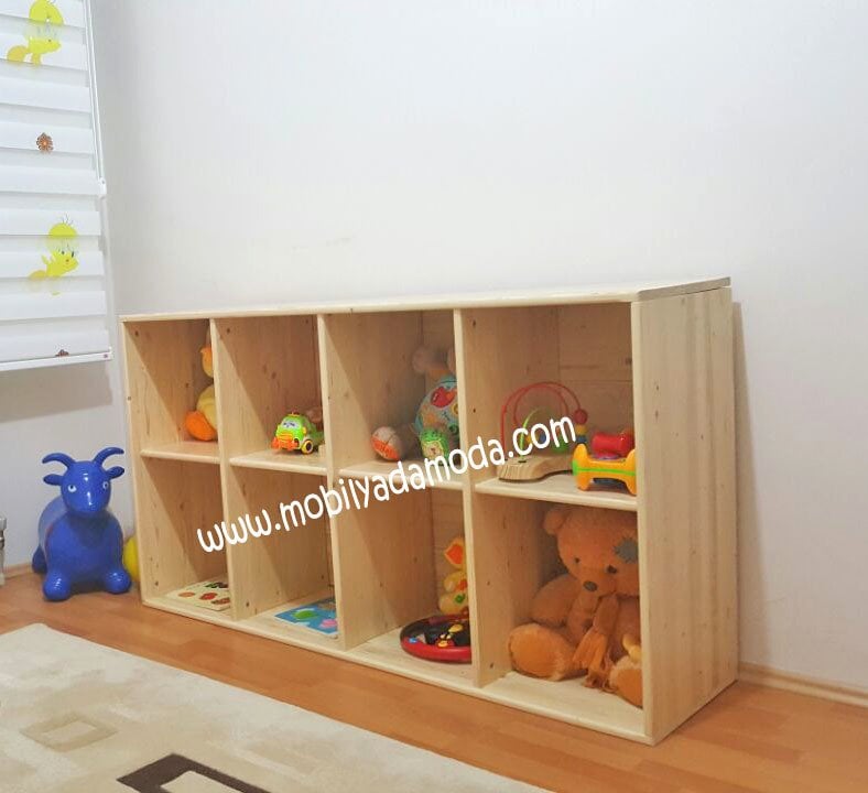 Montessori Oyuncak Kitap Açık Raf Sistemi Ağaç Cilalı