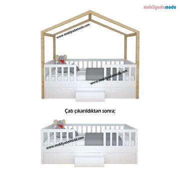 Montessori  Verev Çatılı Yavru Yataklı Karyola 90x190