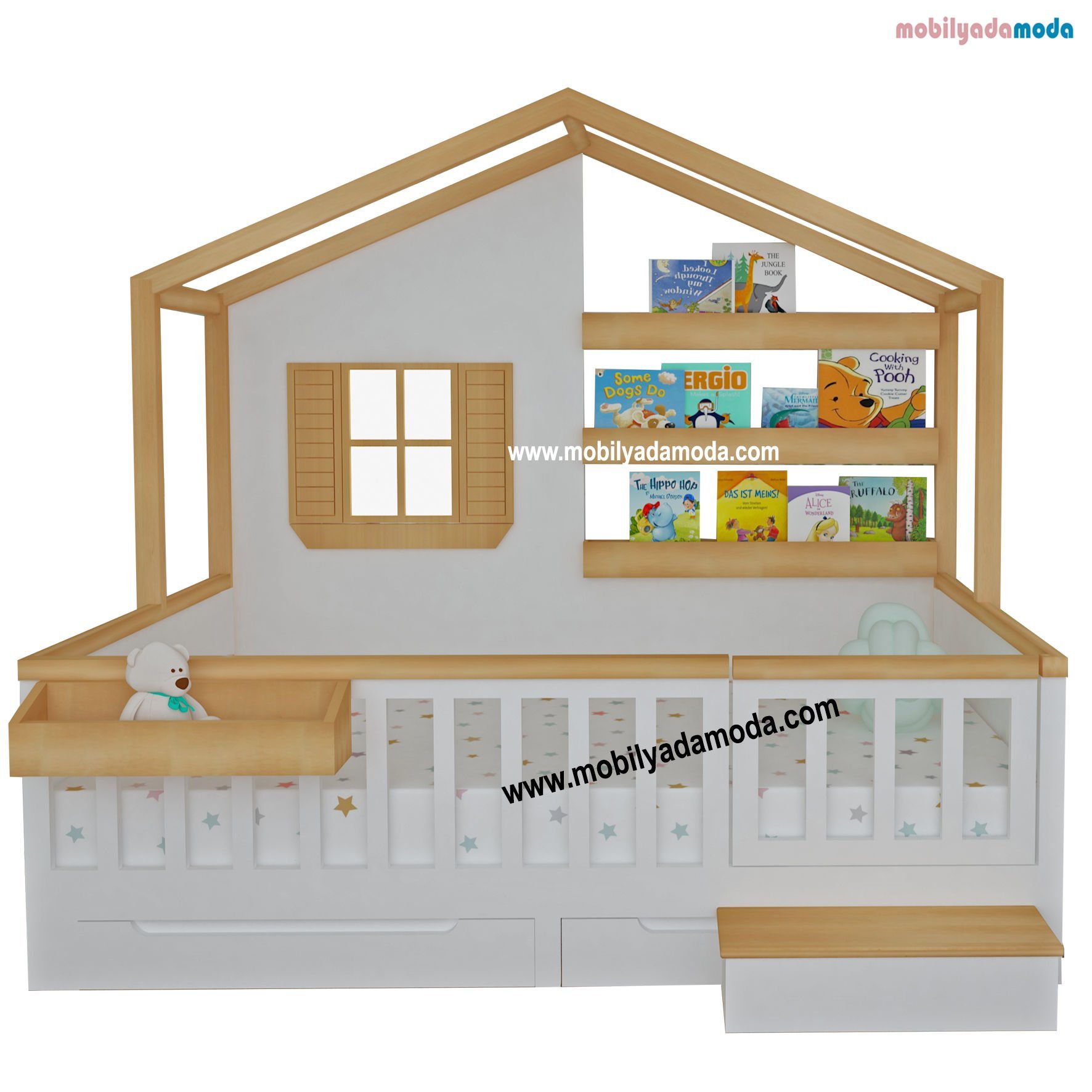 Arkası Kitaplıklı Pencereli Montessori Karyola IŞIKLI&PLEKSİLİ