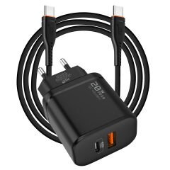 NCT PLUS+ NCT-N60TYP TypeC to TypeC kablolu PD 20W + USB QC 18W Hızlı Siyah Ev Şarj Adaptör