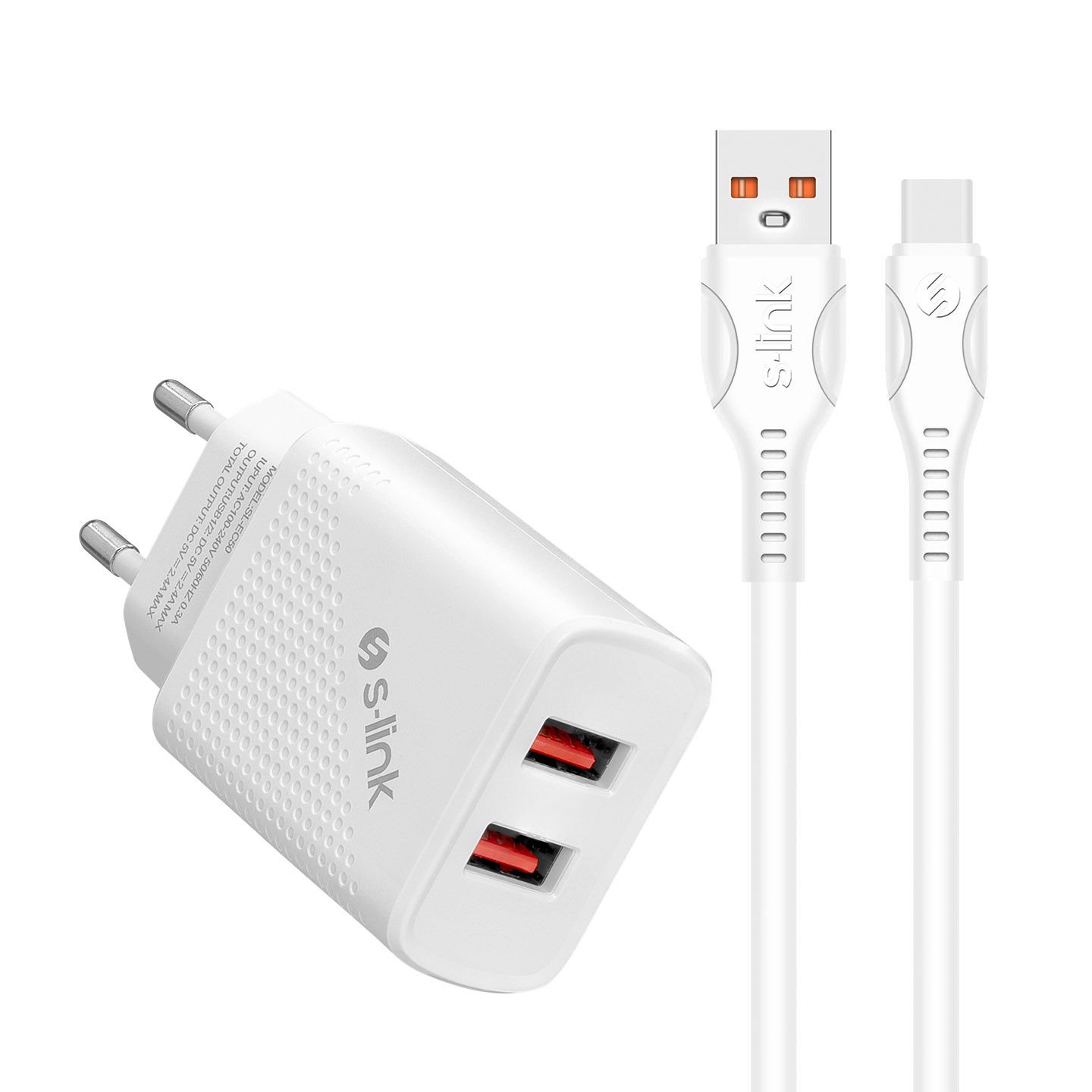 S-link SL-EC50 (SL-EC50T) 5V 2400MA Type-C Kablolu 2 USB Çıkışlı Beyaz Ev Şarj Adaptörü