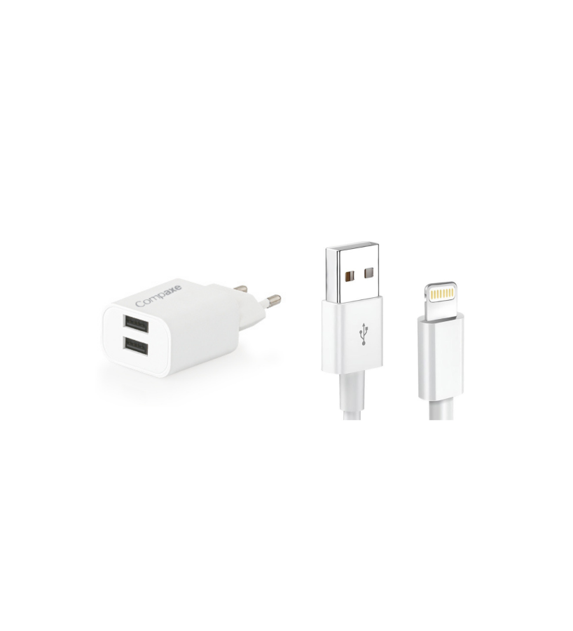 COMPAXE CTA-521DIU 10W 5V 2.1A ÇİFT USB + USB TO LIGHTNING 3A KABLOLU SET BEYAZ