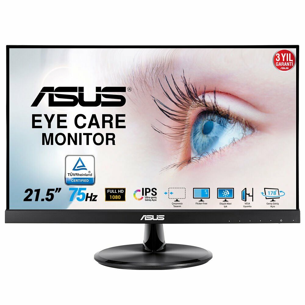 ASUS VP227HE 21,45 VA 1920x1080 5MS 75HZ HDMI VGA VESA 3YIL EYECARE, ÇERÇEVESİZ,FLICKER-FREE,DUSUK MAVI ISIK