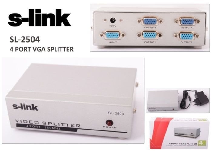 4 Çıkışlı Vga Monitör Çoklayıcı Splitter S-link SL-2504 250Mhz
