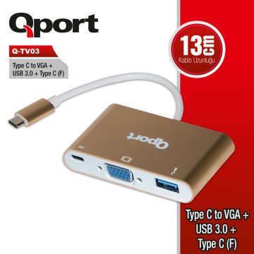 QPORT Q-TV03 TYPE-C TO VGA+USB 3.0+TYPE-C (F) 1920*1080P ÇEVİRİCİ CONVERTER