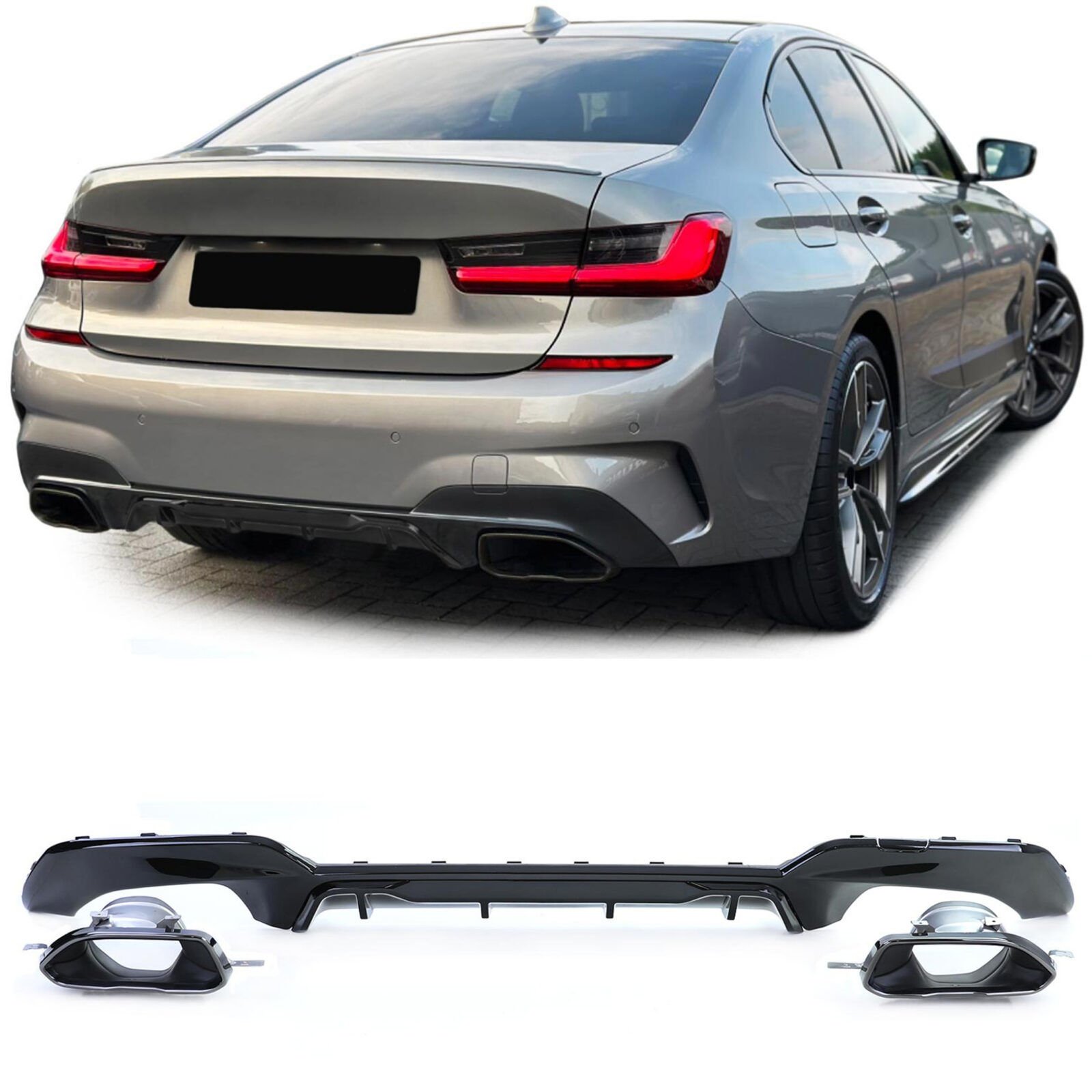 Bmw g20 arka tampon difüzörü ve egzoz ucu krom seti 2019 / 2021 340i