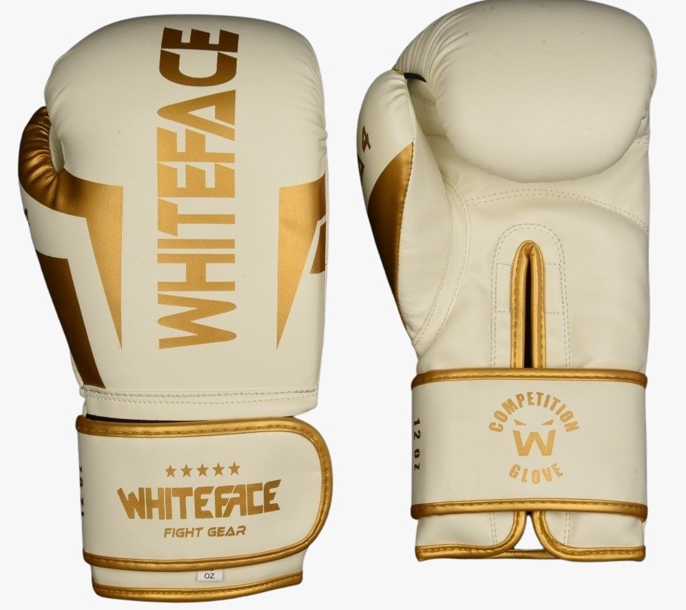 Whiteface Nova4 Boks-Kickboks-Muay Thai  (Kickboks Müsabaka) Eldiveni (Beyaz-Gold) 8 - 10- 12 oz