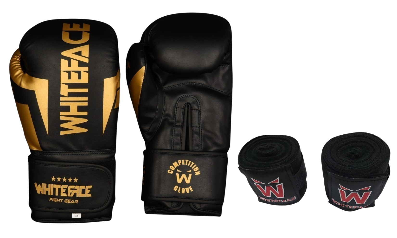 Whiteface Nova4 Boks-Kickboks-Muay Thai (Kickboks Müsabaka) Eldiveni + 3,5 mBandaj Set (Siyah-Gold) 8 - 10- 12-14z