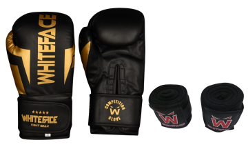 Whiteface Nova4 Boks-Kickboks-Muay Thai (Kickboks Müsabaka) Eldiveni + 3,5 mBandaj Set (Siyah-Gold) 8 - 10- 12-14z