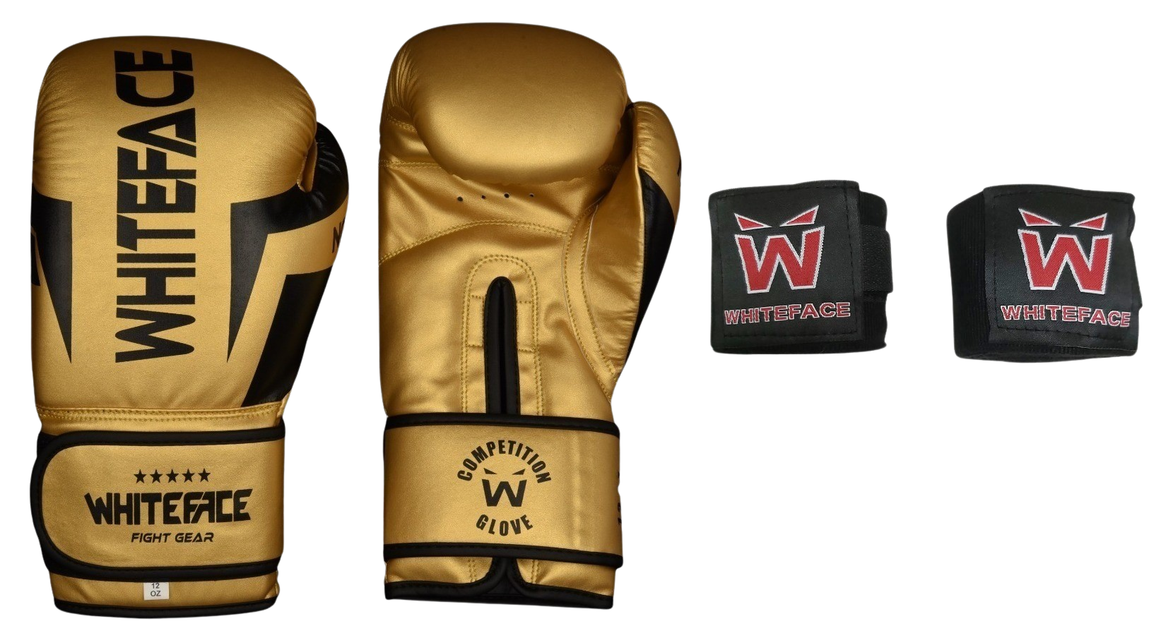 Whiteface Nova4 Boks-Kickboks-Muay Thai (Kickboks Müsabaka) Eldiveni + 3,5 m Bandaj Set (Gold) 8 - 10- 12 oz