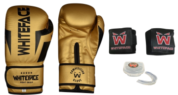 Whiteface Nova4 Boks-Kickboks-Muay Thai (Kickboks Müsabaka) Eldiveni + 3,5 m Bandaj +Dişlik Set (Gold) 8 - 10- 12 oz