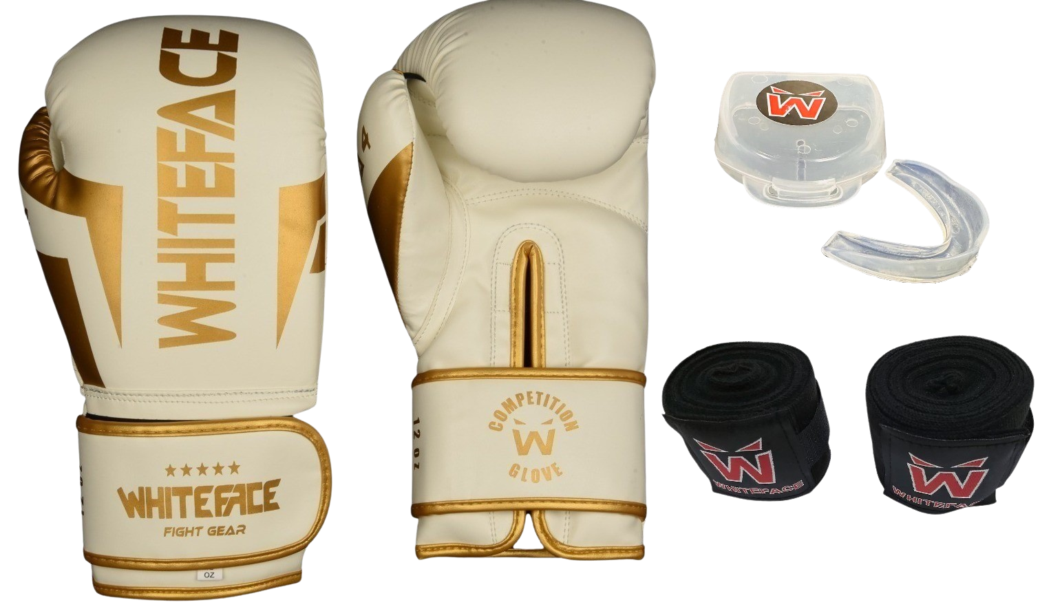 Whiteface Nova4 Boks-Kickboks-Muay Thai (Kickboks Müsabaka) Eldiveni + 3,5 m Bandaj +Dişlik Set (Beyaz-Gold) 8 - 10- 12 oz