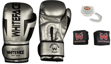 Whiteface Nova4 Boks-Kickboks-Muay Thai (Kickboks Müsabaka) Eldiveni + 3,5 m Bandaj +Dişlik Set (Gri) 8 - 10- 12 oz