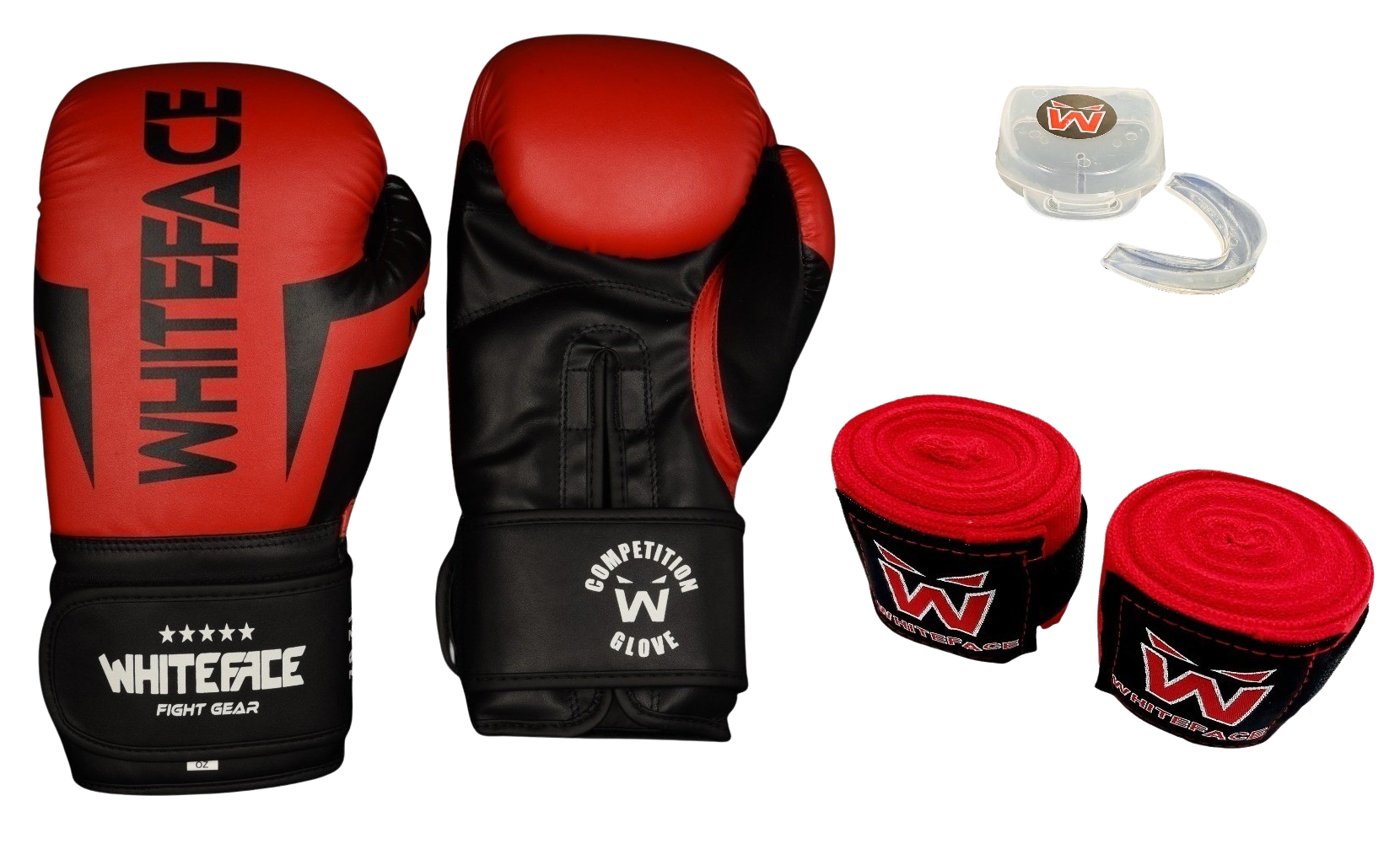 Whiteface Nova4 Boks-Kickboks-Muay Thai (Kickboks Müsabaka) Eldiveni + 3,5 m Bandaj +Dişlik Set (Kırmızı-Siyah) 8 - 10- 12 oz