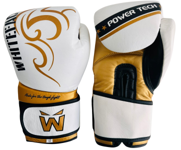 Whiteface Power Tech Deri Boks-Kickboks-Muay Thai Eldiveni (Beyaz-Gold) 10-12 oz.