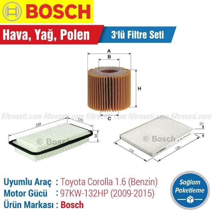 Toyota Corolla 1.6 Bosch Filtre Bakım Seti (2009-2018)