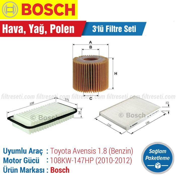 Toyota Avensis 1.8 Bosch Filtre Bakım Seti (2010-2012)