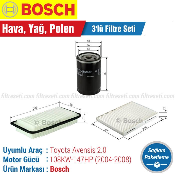 Toyota Avensis 2.0 Bosch Filtre Bakım Seti (2004-2008)