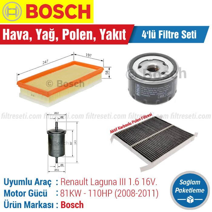 Renault Laguna 3 1.6 Bosch Filtre Bakım Seti (2008-2011)