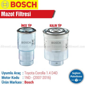 Toyota Corolla 1.4 D4D Bosch Filtre Bakım Seti (2007-2018)