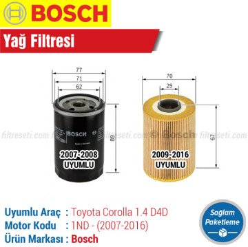 Toyota Corolla 1.4 D4D Bosch Filtre Bakım Seti (2007-2018)