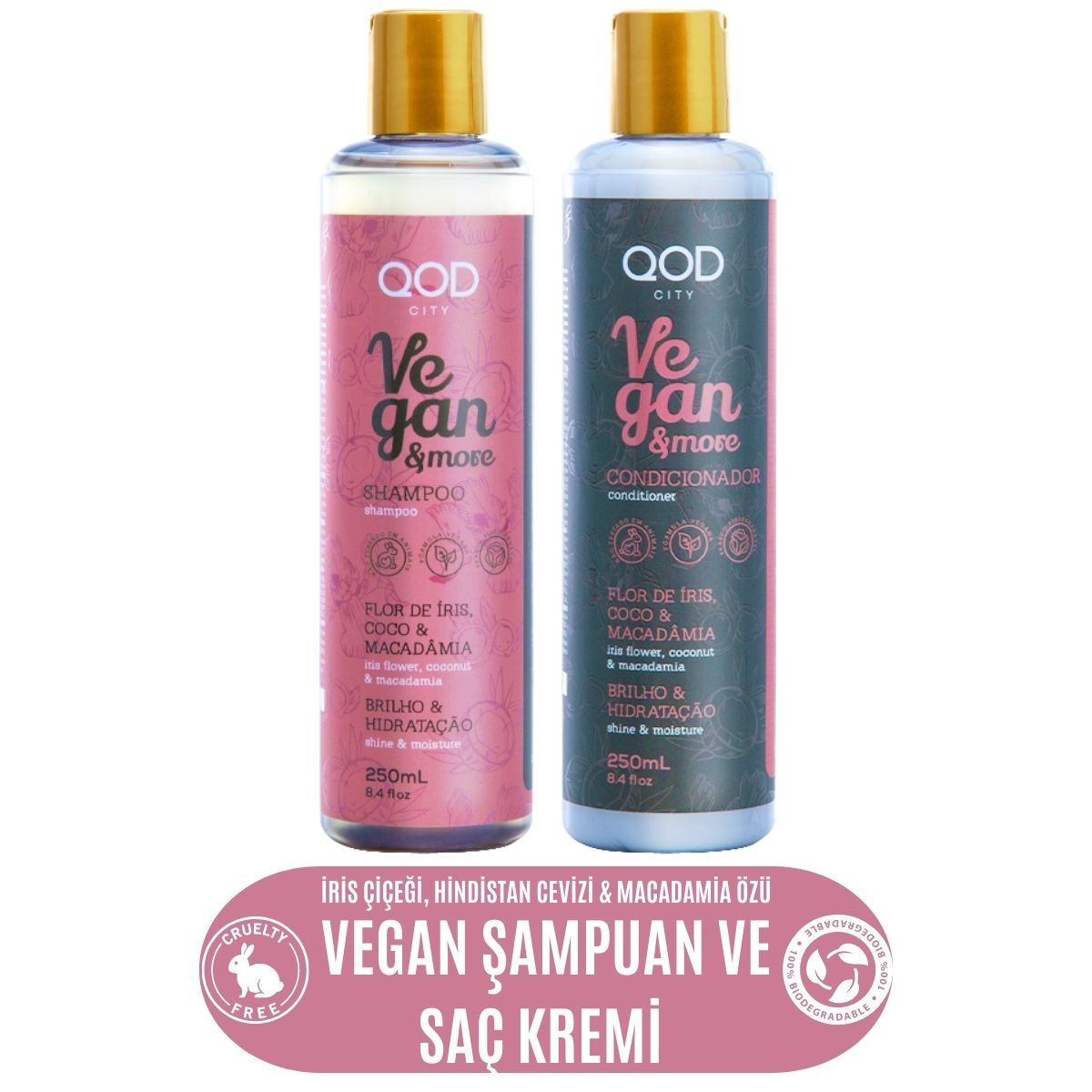 Vegan Şampuan & Saç Kremi Seti QOD City Vegan & More Şampuan ve Saç Kremi 250 ml / İris Çiçeği & Hindistan Cevizi & Macademia