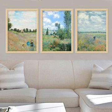 Claude Monet 3 Parça Naturel Çerçeveli Tablo