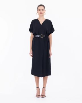 SEÇİL Yırtmaç Detaylı Kemerli Düşük Kol Elbise - Siyah