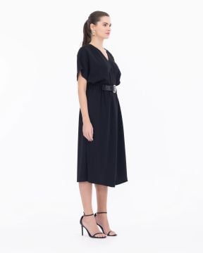 SEÇİL Yırtmaç Detaylı Kemerli Düşük Kol Elbise - Siyah