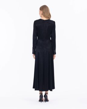 SEÇİL Jakarlı Uzun Kollu Tam Boy Şık Elbise - Siyah