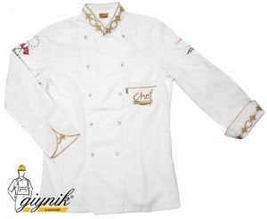 Beyaz Altın Varak Motifli Hakim Yaka Aşçı Ceketi