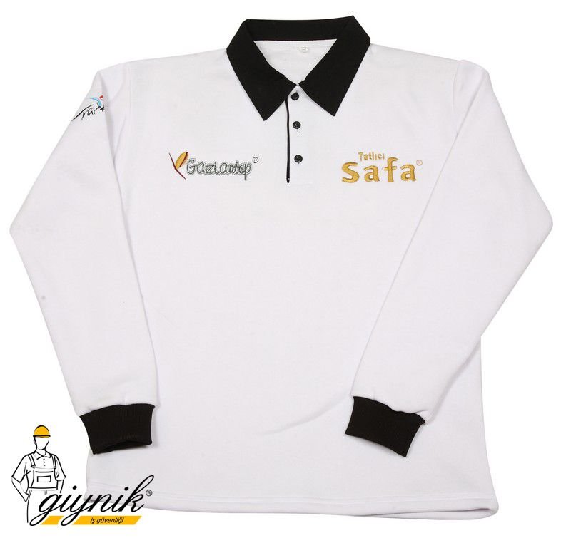 Beyaz 3 İplik Nakışlı Polo Yaka Sweatshirt