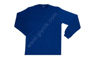 Saks Mavi 2 İplik Bisiklet Yaka Uzun Kol Tişört