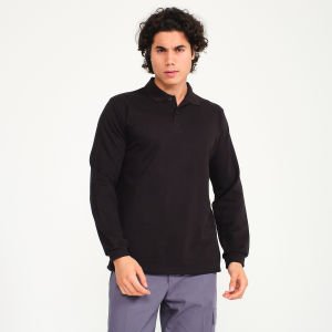 Siyah Üç İplik Polo Yaka Sweatshirt