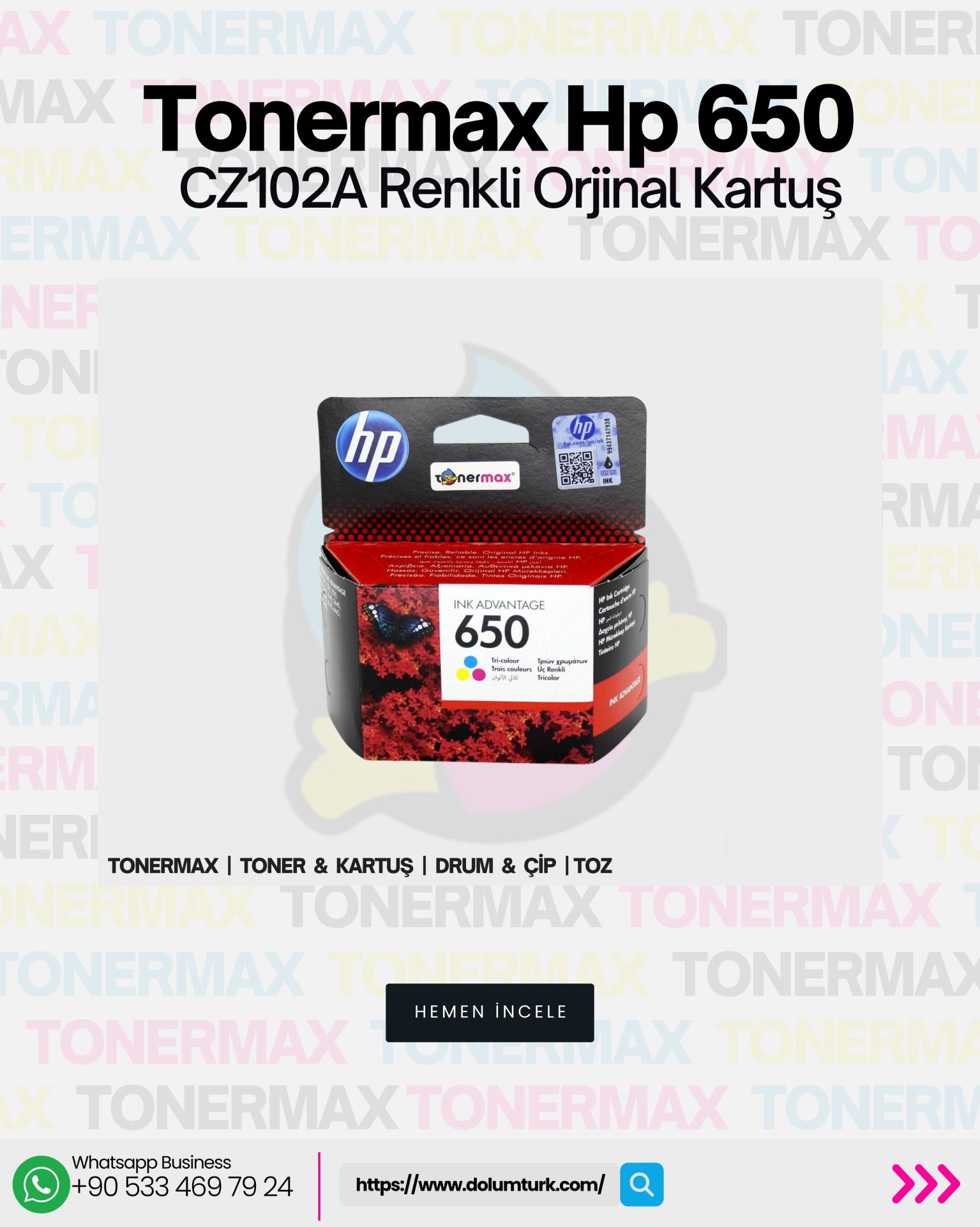 HP 650 CZ102A Orjinal Renkli Kartuş/1015 / 1016 / 1018 / 1515 / 1516 / 1518 / 2510 / 2515 / 2545 / 2546 / 2645 / 2646 / 2648 / 3510 / 3515 / 3540 / 3545 / 3546 / 3548 / 4515 / 4518 / 4640 / 4645 / 4646