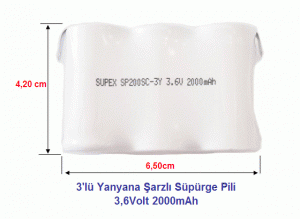 Supex 3.6Volt 2000mAh - 3'lü Yanyana Şarjlı Süpürge Pili