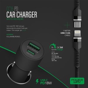 Powerway PD18W Yeni Nesil Type-C-Lightning Kablolu Araç Şarj Seti