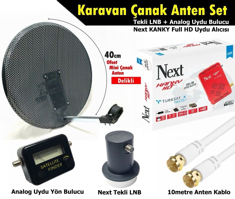 Antenci 40cm Delikli Karavan Çanak Anten Seti +Next HD Uydu Alıcısı +Analog Uydu Bulucu