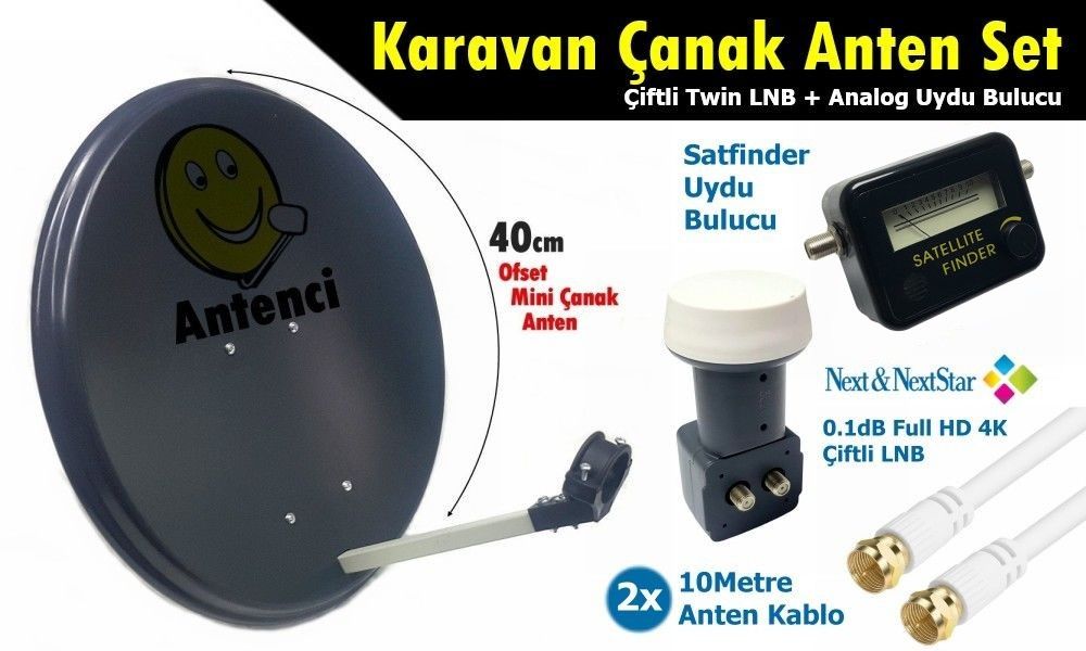 Antenci 40cm Karavan Çanak Anten Seti Çiftli LNB +Analog Uydu Bulucu
