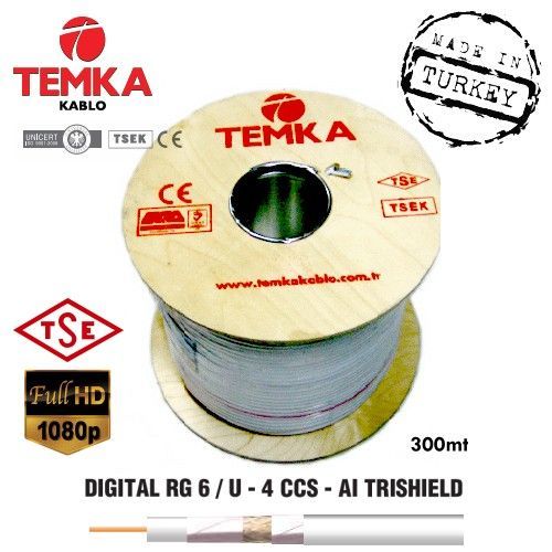TEMKA RG6-U4 300Metre 64TEL Trishield Çift Folyo Anten Kablosu