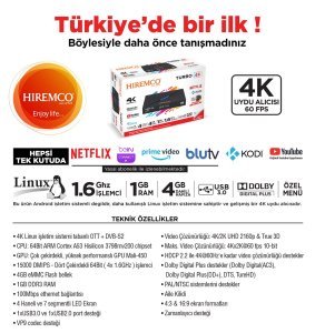 Hiremco Turbo 4K Linux 4 Çekirdek 1.6 Ghz 4GB Hafıza 1Gb Ram USB3.0 H.265 IP TV Box